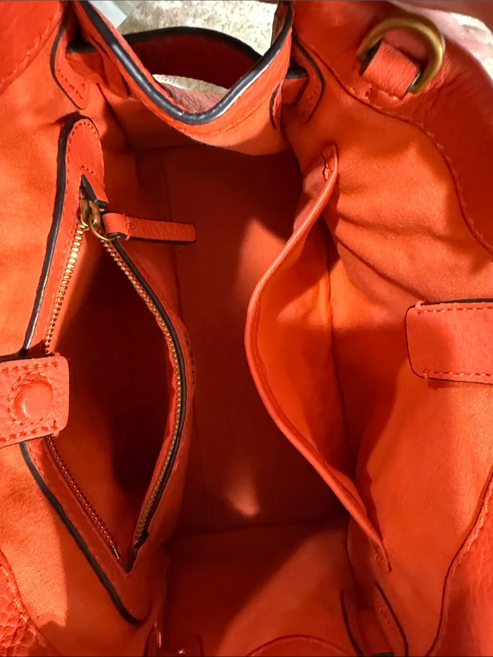Tory Burch Orange Leather Top-Handle Satchel w/ Gold Hardware & crossbody strap.